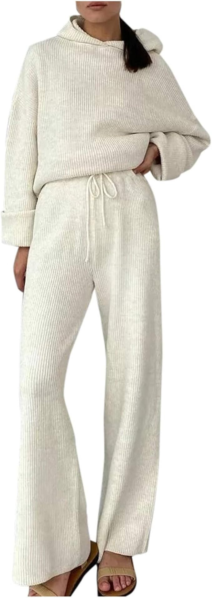 Giulot Women's Knit 2 Piece Outfit Long Sleeve Hoodie Pullover Top & High Waist Wide Leg Pants Lo... | Amazon (US)