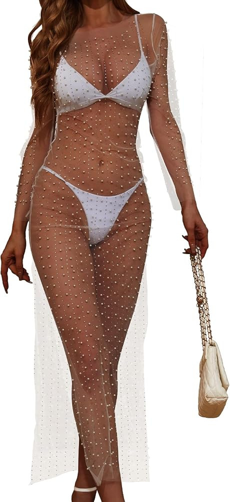 American Trend Women's Sheer Mesh Pearl Rhinestone Cover Up Dress Summer Sexy Coverups for Swimwe... | Amazon (US)