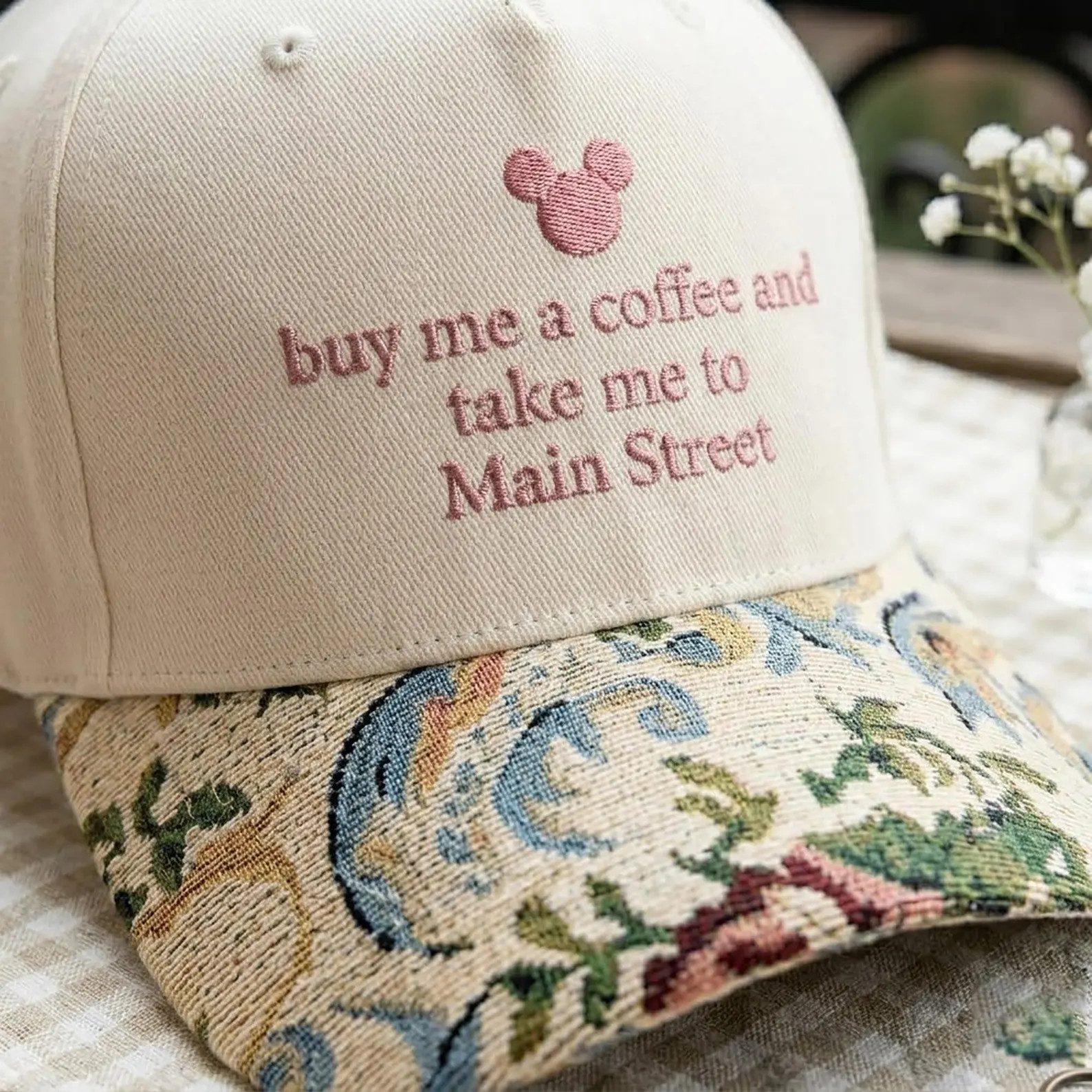 Embroidered Coffee Main Street Floral Hat, Theme Park Tapestry Brim Cap, Mouse Head Cottagecore H... | Etsy (Global)