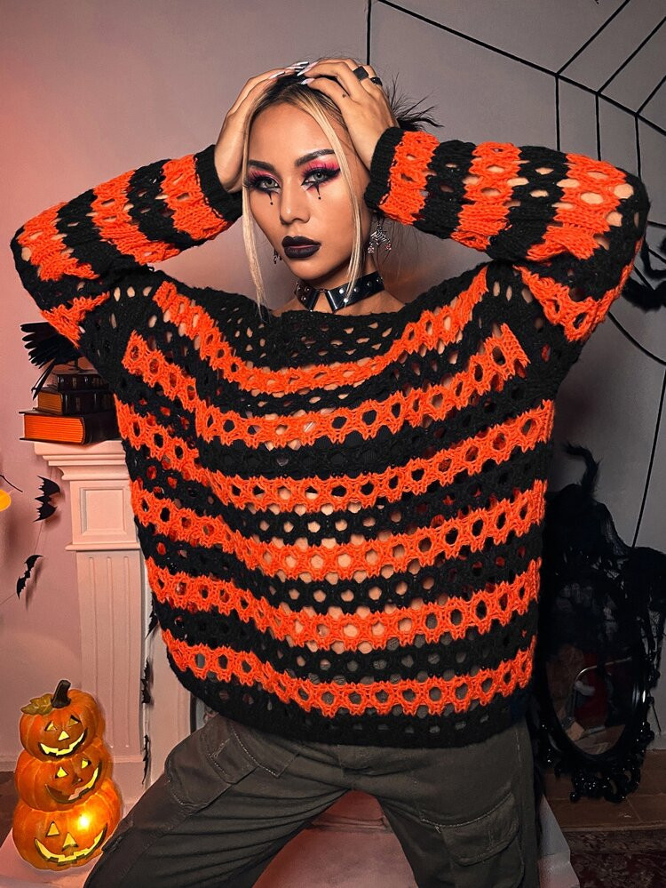 Two Tone Open Knit Drop Shoulder Sweater Without Bra | SHEIN