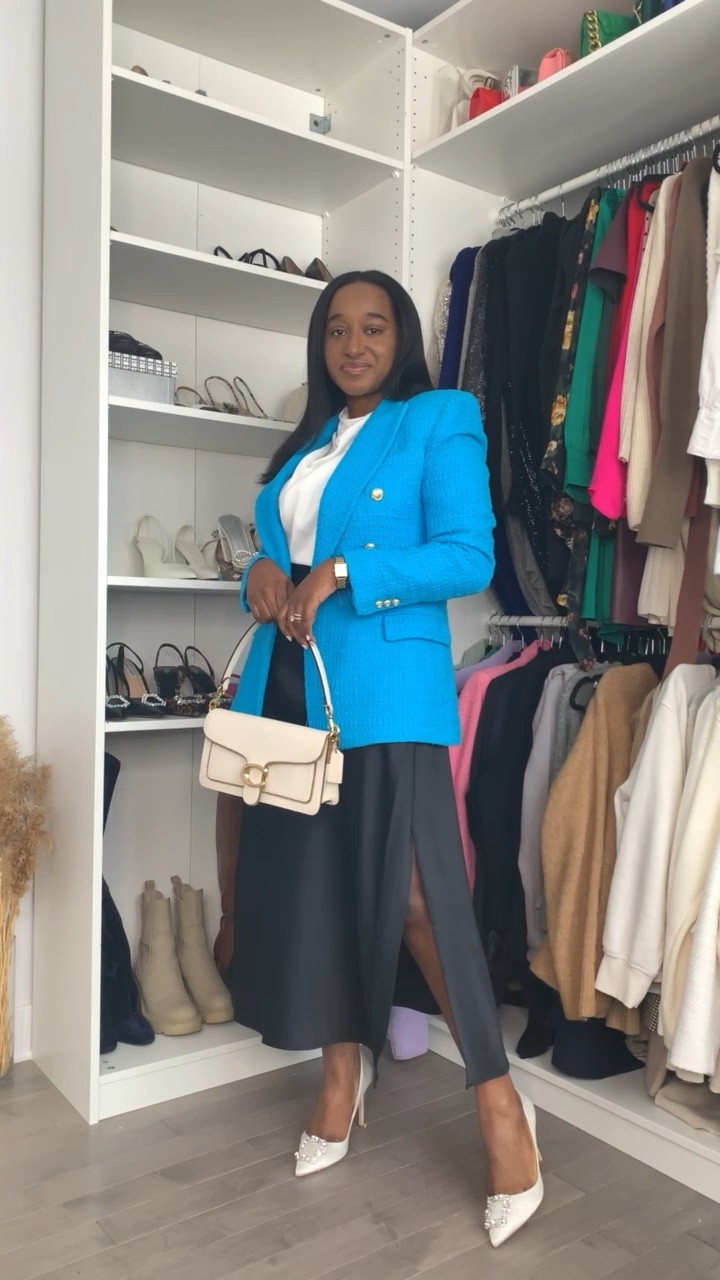 Turquoise blazer 
Navy blue satin skirt
Coach purse 
White shoes 

#LTKstyletip #LTKfit #LTKunder100