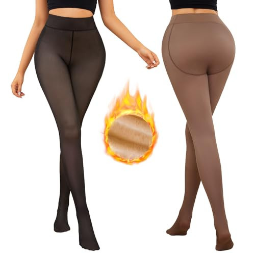 Justay 2 Pairs Fleece Lined Tights Winter Thermal Fake Translucent Fleece Sheer Leggings Black Warm Thick Tights for Women | Amazon (US)