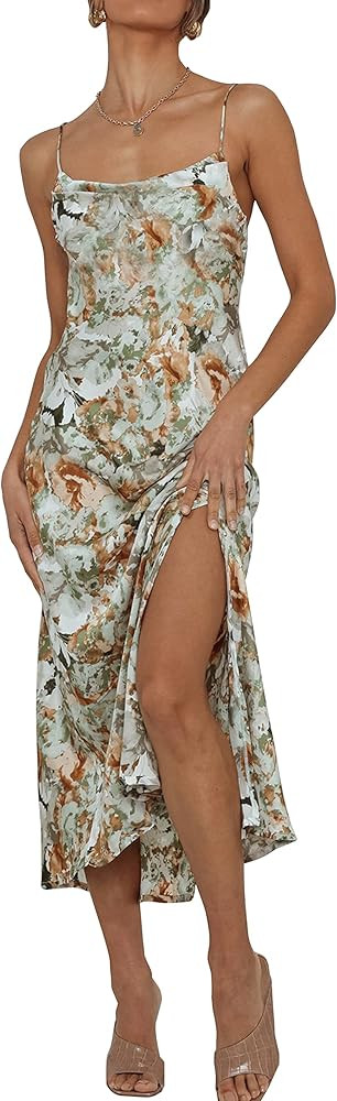 Cantonwalker Women's Satin Spaghetti Straps Cowl Neck Sexy V-Back Cross Slip Cocktail Formal Midi... | Amazon (US)