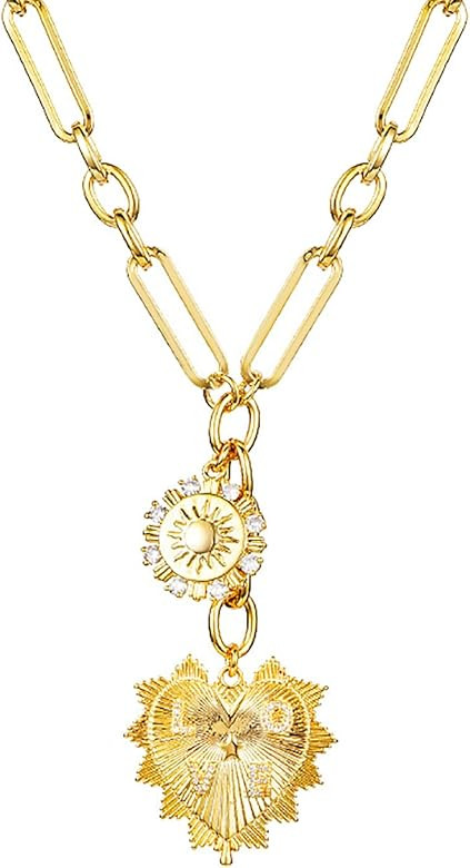 Sun Heart Charm Choker Necklace for Women Men,18k Gold Plated With Zircons Inlaid Pendants,Thick ... | Amazon (US)