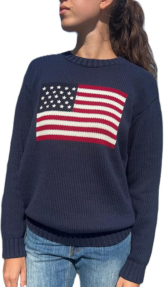 Women American Flag Sweater Long Sleeve Crew Neck Loose Fit Knit Pullover Tops USA Casual Loose P... | Amazon (US)