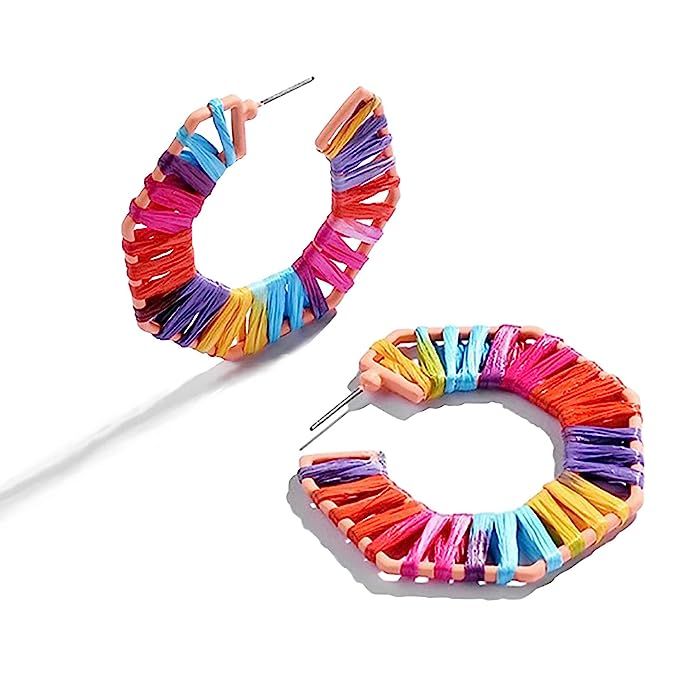 Statement Rattan Raffia Drop Hoop Earrings for Women Geometric Handmade Colorful Rainbow Earring ... | Amazon (US)