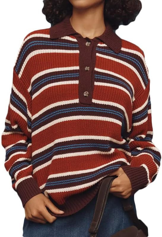 Women Striped Knit Polo Shirt Long Sleeve Lapel Collar Pullover Sweater Y2K Color Block Oversized... | Amazon (US)