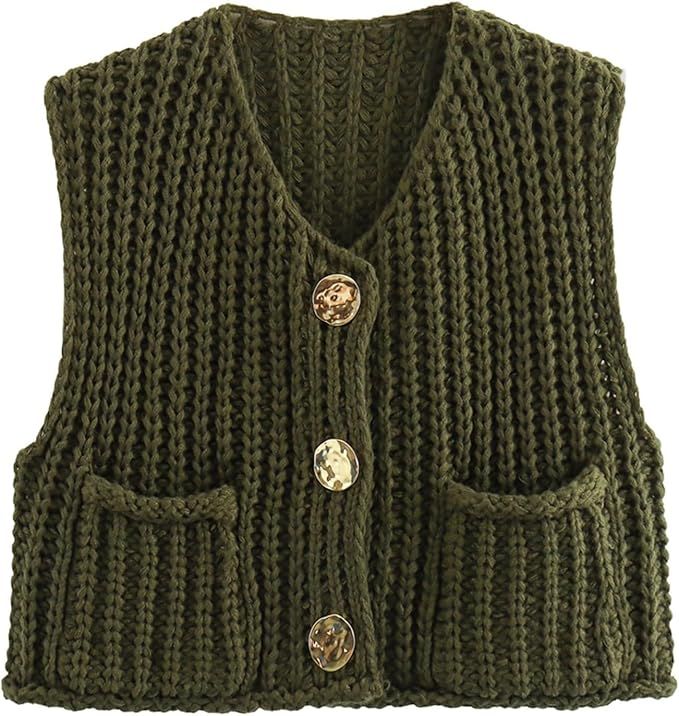 Himosyber Womens Chunky Knit Vest Sleeveless Button Down Cardigan Casual Cropped Crochet Sweater ... | Amazon (US)