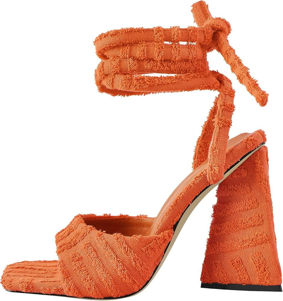 Women's Lace up Fashion Square Toe High Heeled Ankle Strap Chunky Mule Sandals | Amazon (US)