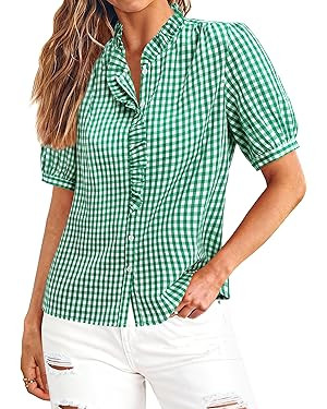 siliteelon Women Plaid Shirt Gingham Short Sleeve Top Button Down Ruffle V Neck Dress Shirts Cott... | Amazon (US)
