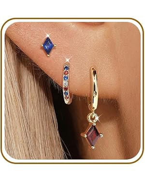 Gold Hoop Earrings Set for Women, 3 Pairs 14K Gold Plated Sterling Silver Huggie Hoops and CZ Stu... | Amazon (US)