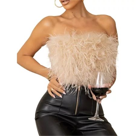 Luiryar Women Sleeveless Feather Furry Tube Top Spaghetti Strap/Strapless Crop Tube Top with Fur for | Walmart (US)
