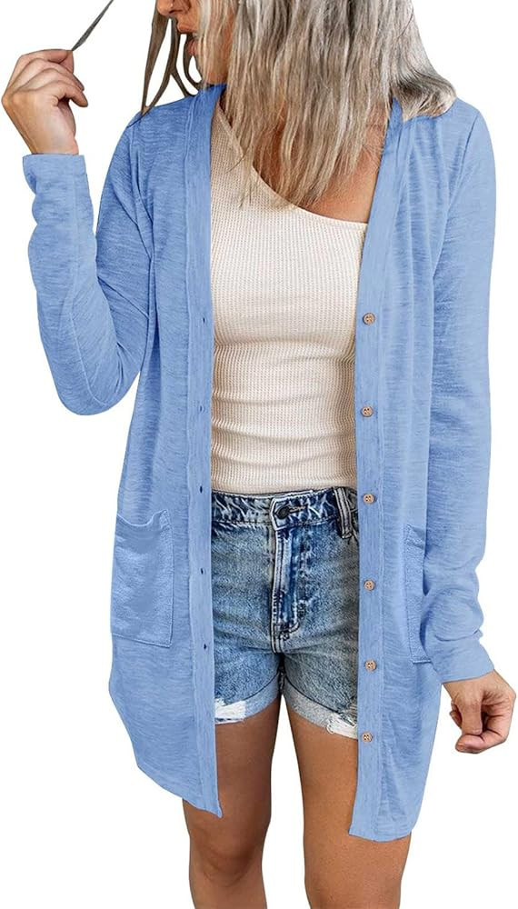 MEROKEETY Women's Lightweight Cardigan Summer Long Open Front Button Down Trendy Loose Outwear wi... | Amazon (US)