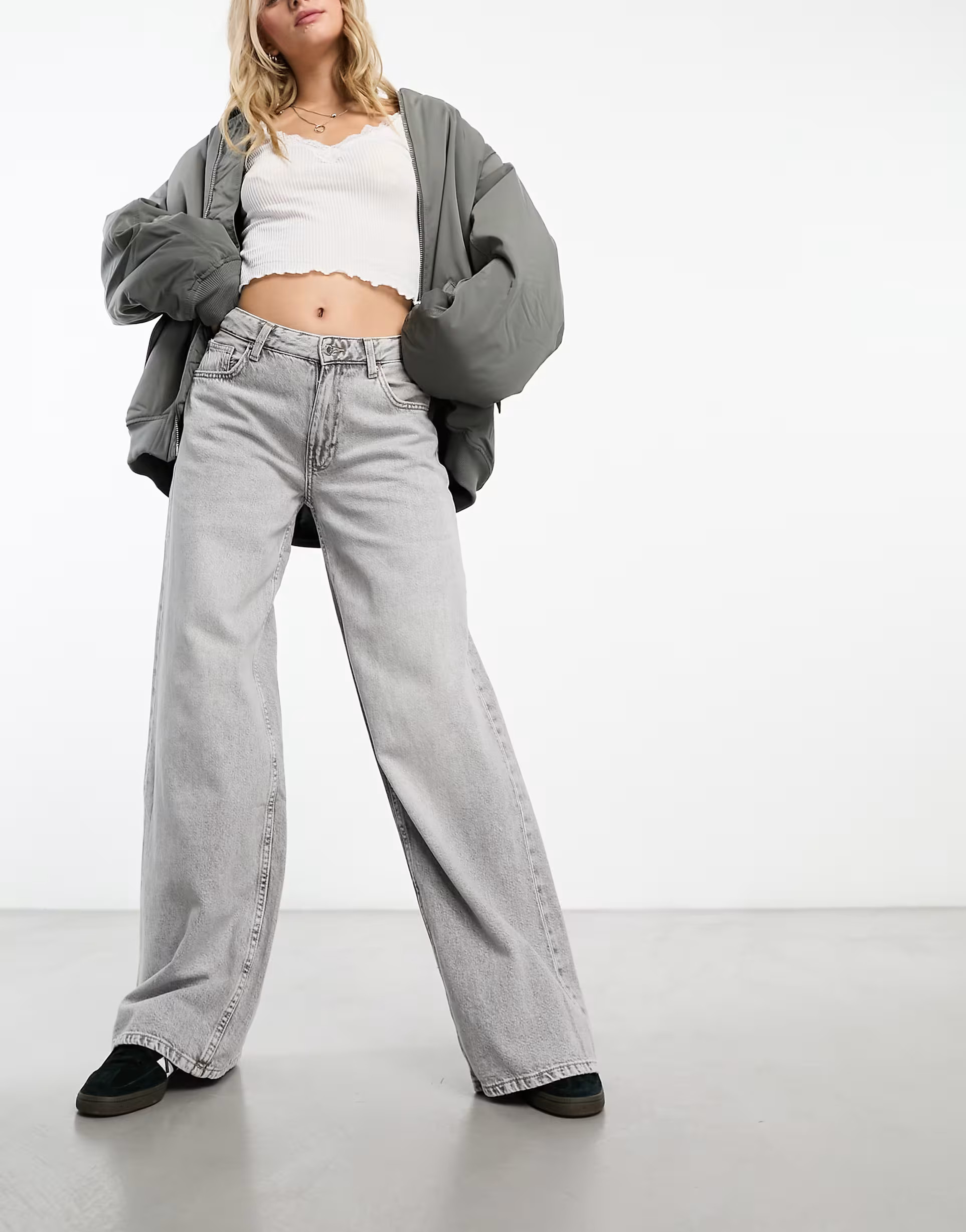 Bershka high waisted wide leg jeans in washed grey | ASOS (Global)