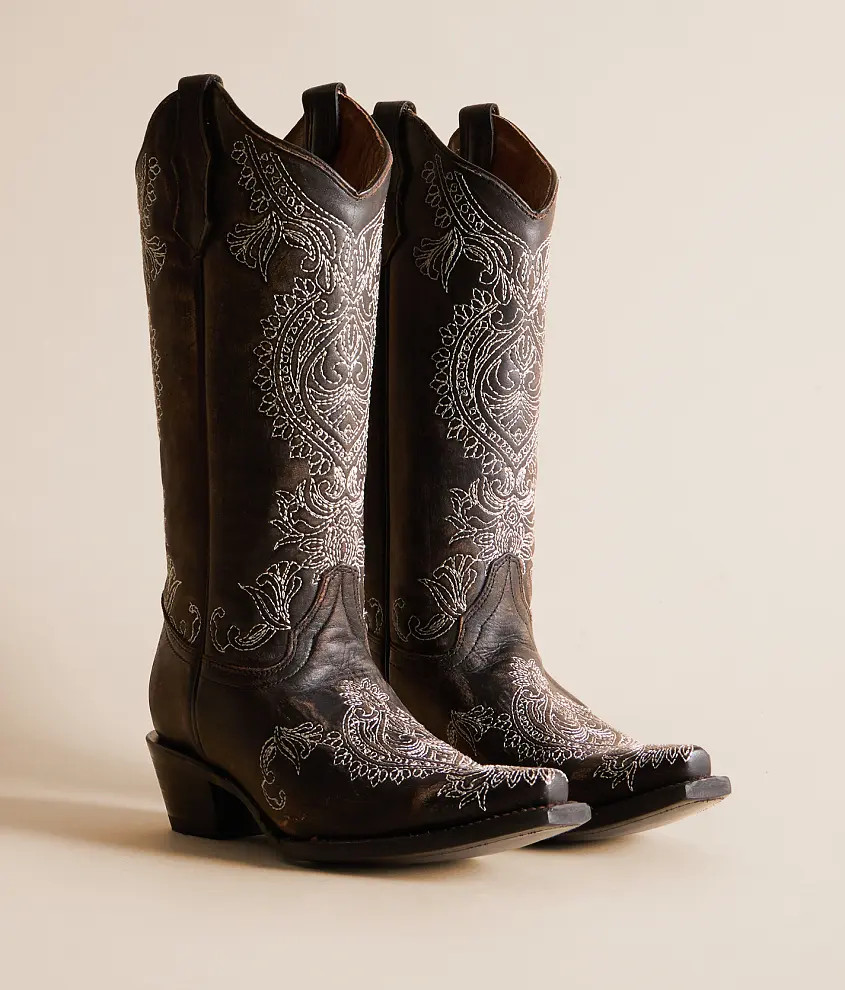 Paisley Embroidered Leather Western Boot | Buckle