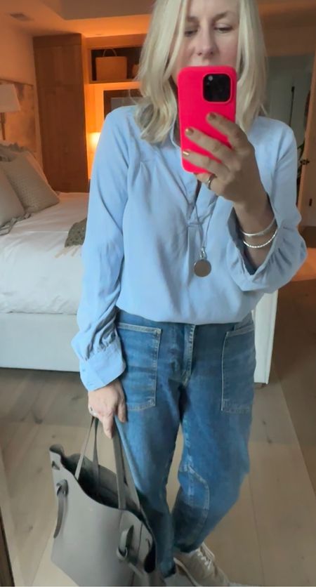 The Wanderer Jean ! Same as the green cargo pant. Love this with the tiny rolled cuff. Size down. I’m 5’4 and got regular length.  

Top is the prettiest blue! I can never have enough soft blue blouses. Love the easy fabric.

#LTKstyletip