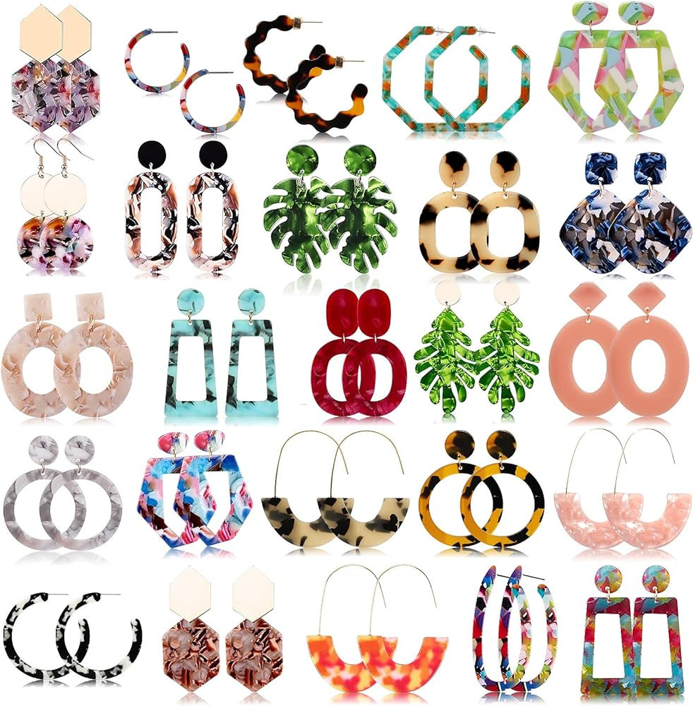 FIFATA 25 Pairs Acrylic Resin Statement Earrings Set for Women Girls Mottled Hoop Fashion Drop Da... | Amazon (US)