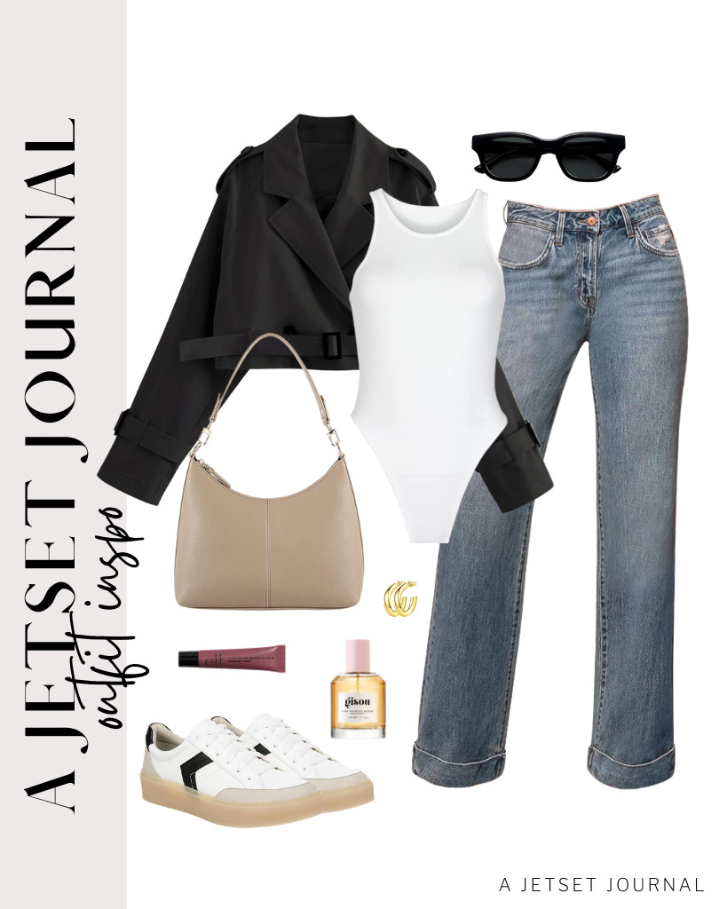 Wear this plain white bodysuit and pair it with high-waisted jeans for your last outfit. You can layer it with a black cropped trench coat and pair it with these Dr. Scholl’s Madison lace sneakers. Pop some gold hoop earrings and wear SOJOS sunnies as your accessories. 

 #LTKSeasonal #LTKSaleAlert #LTKTravel