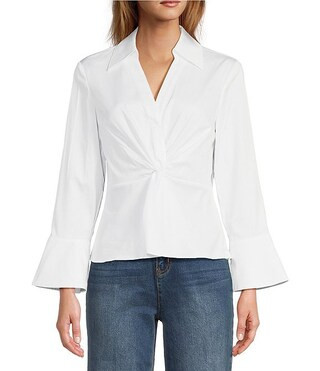Paige Woven Point Collar V-Neck Long Bell Sleeve Twist Front Shirt | Dillard's