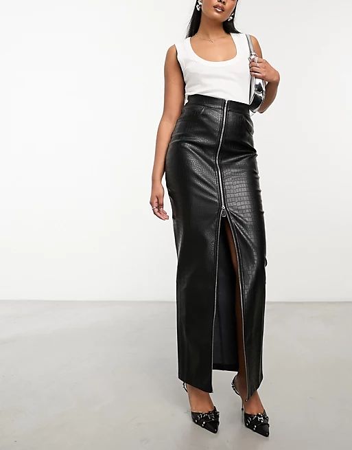 Simmi zip detail leather look maxi skirt in black | ASOS (Global)