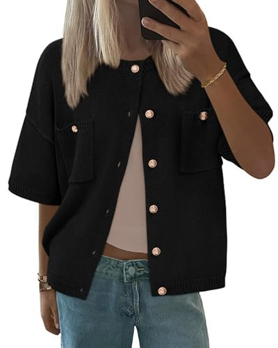 BTFBM Short Sleeve Cardigans for Women Button Up Sweaters Y2k Spring Summer 2025 Crew Neck Business Casual Work Clothes(Black, Medium) | Amazon (US)