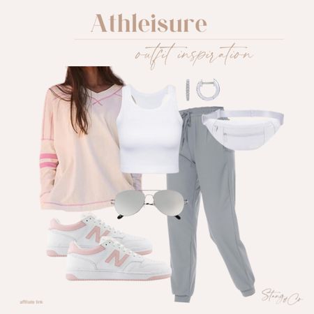This athleisure outfit inspiration includes a long-sleeve pink pullover with striped detail, paired with a white tank, tall-friendly joggers, New Balance sneakers with pink detail, a white belt bag, silver huggie earrings, and aviator sunglasses.

Ootd, spring outfit, casual outfit, loungewear, tall friendly outfit, amazon fashion

#LTKshoecrush #LTKfindsunder50 #LTKstyletip