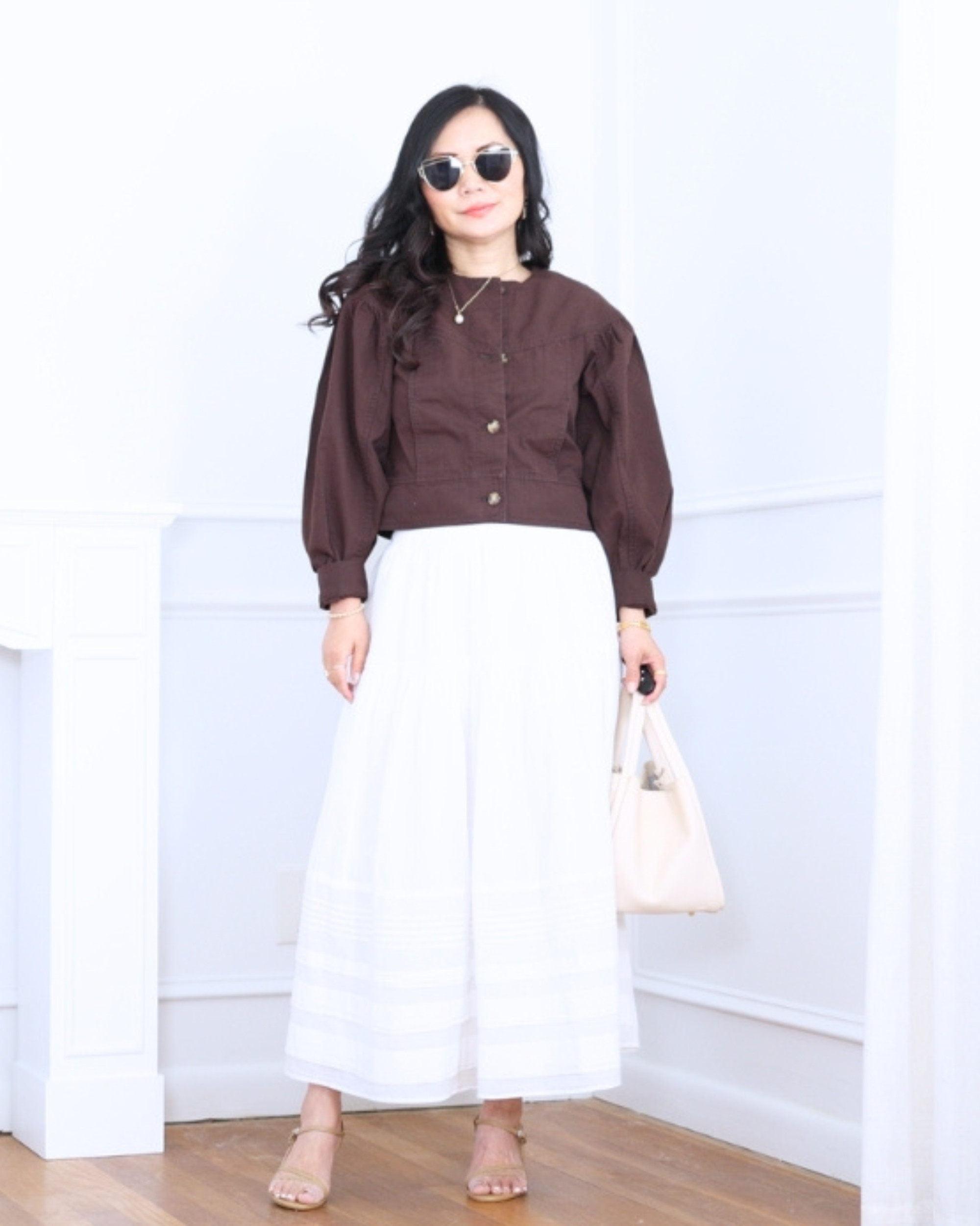 Brown twill jacket from LOFT paired with a white boho skirt from Abercrombie — structured on top, flowy on the bottom, and effortlessly styled for an easy chic look. I'm 5'2, wearing size S. 

 #LTKootd #LTKOver40 #LTKPetite