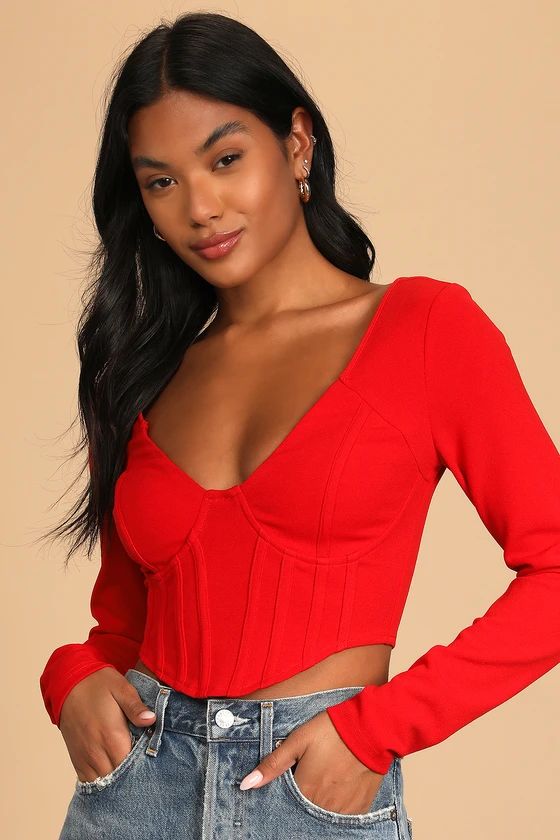 Got You Impressed Red Long Sleeve Bustier Crop Top | Lulus (US)