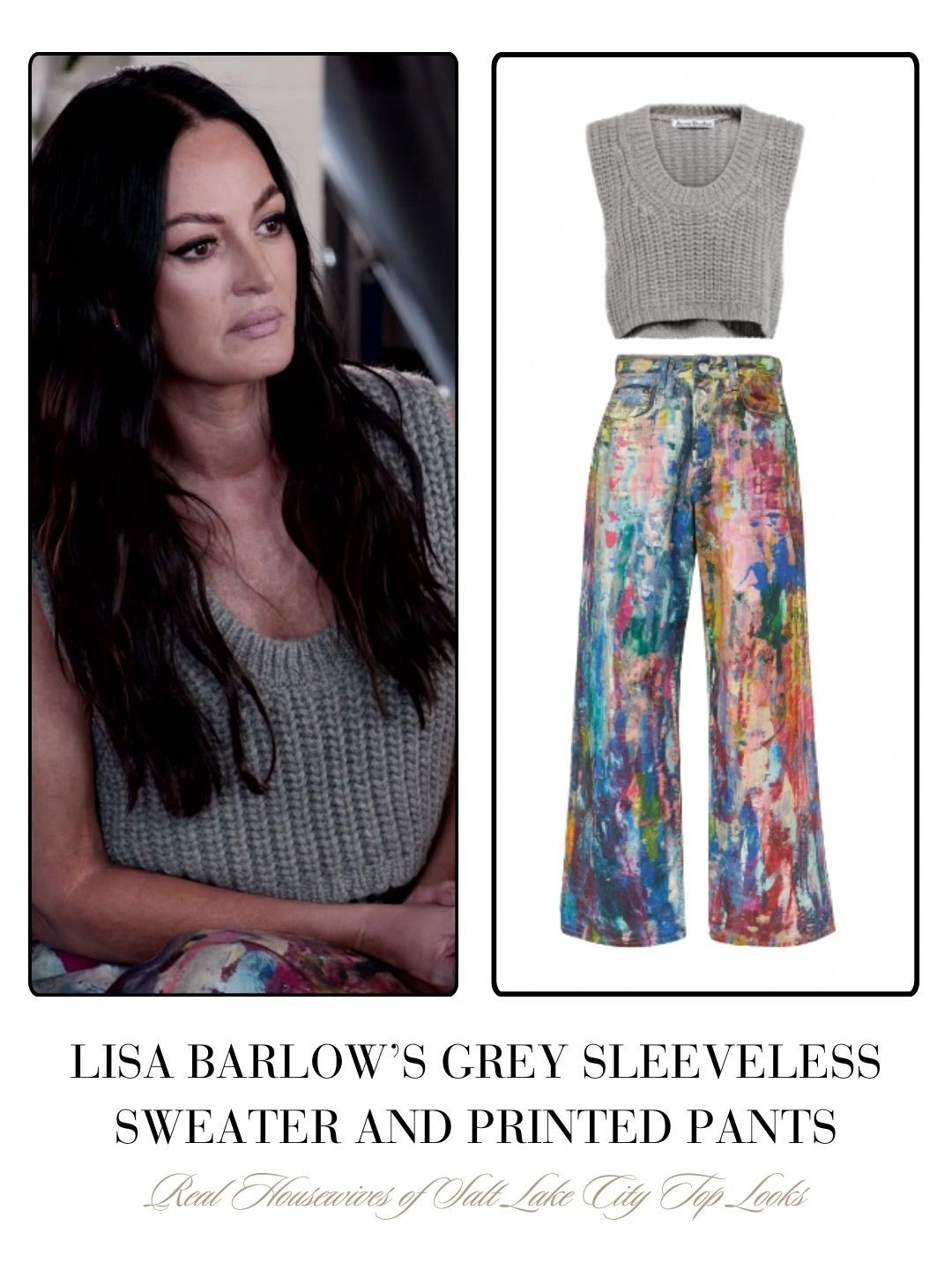 Lisa Barlow’s Grey Sleeveless Sweater and Printed Pants 