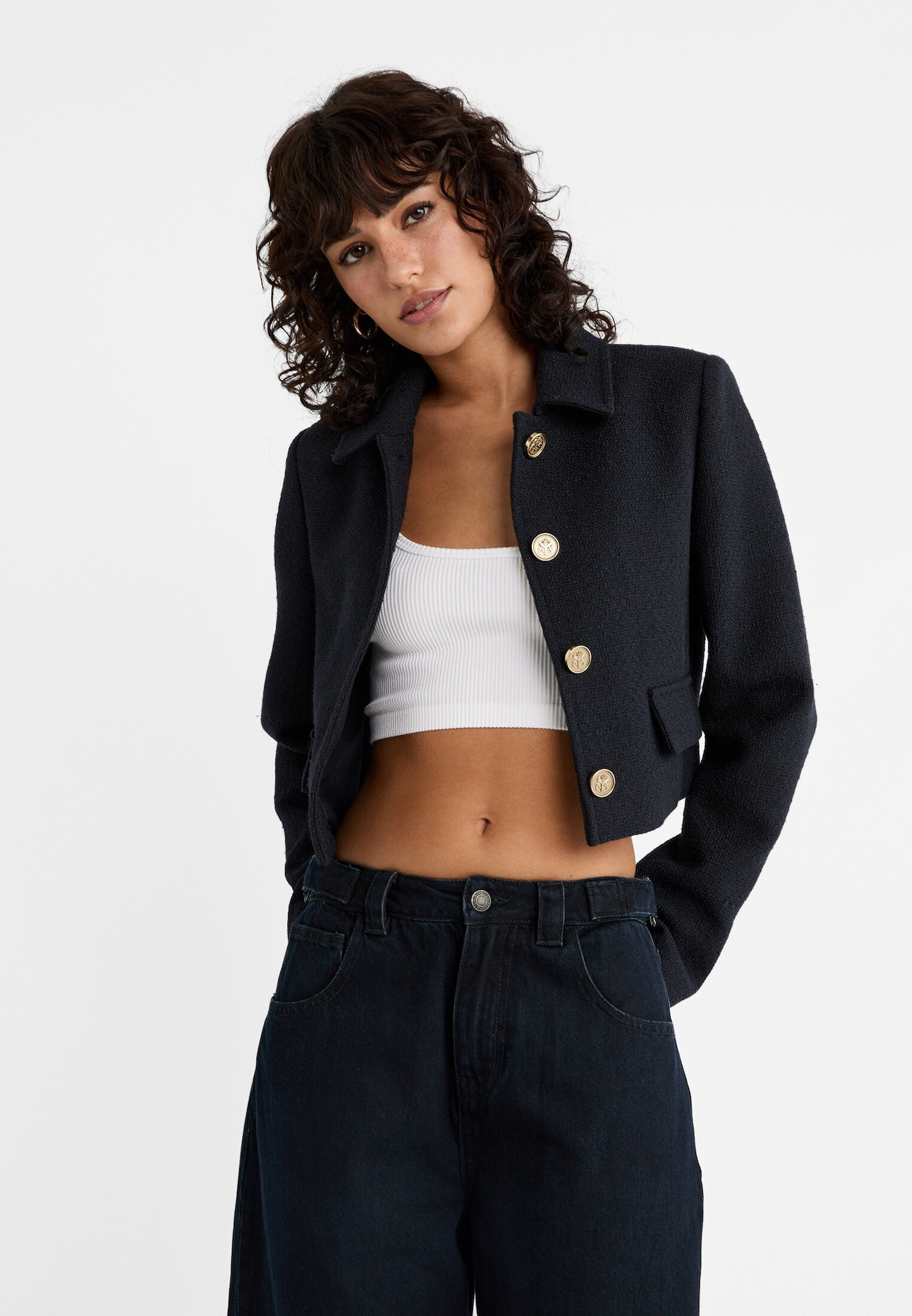 Cropped buttoned blazer - Women's fashion | Stradivarius United Kingdom | Stradivarius (UK)