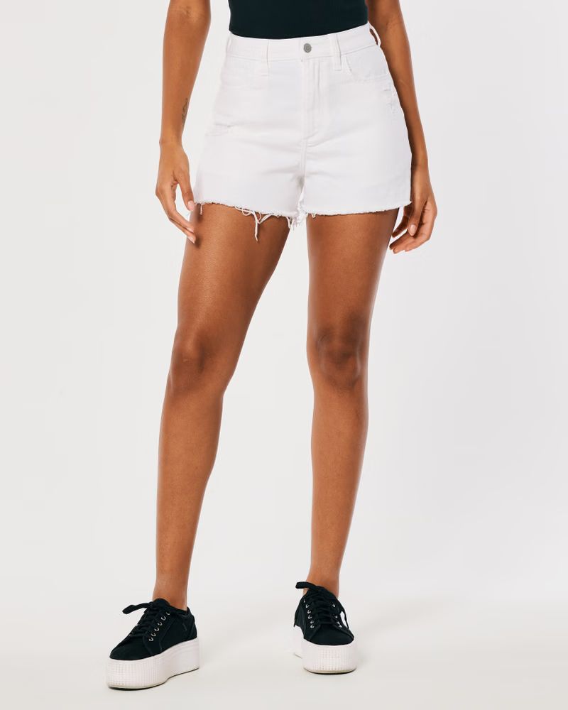 Curvy Ultra High-Rise Distressed White Denim Mom Shorts | Hollister (US)