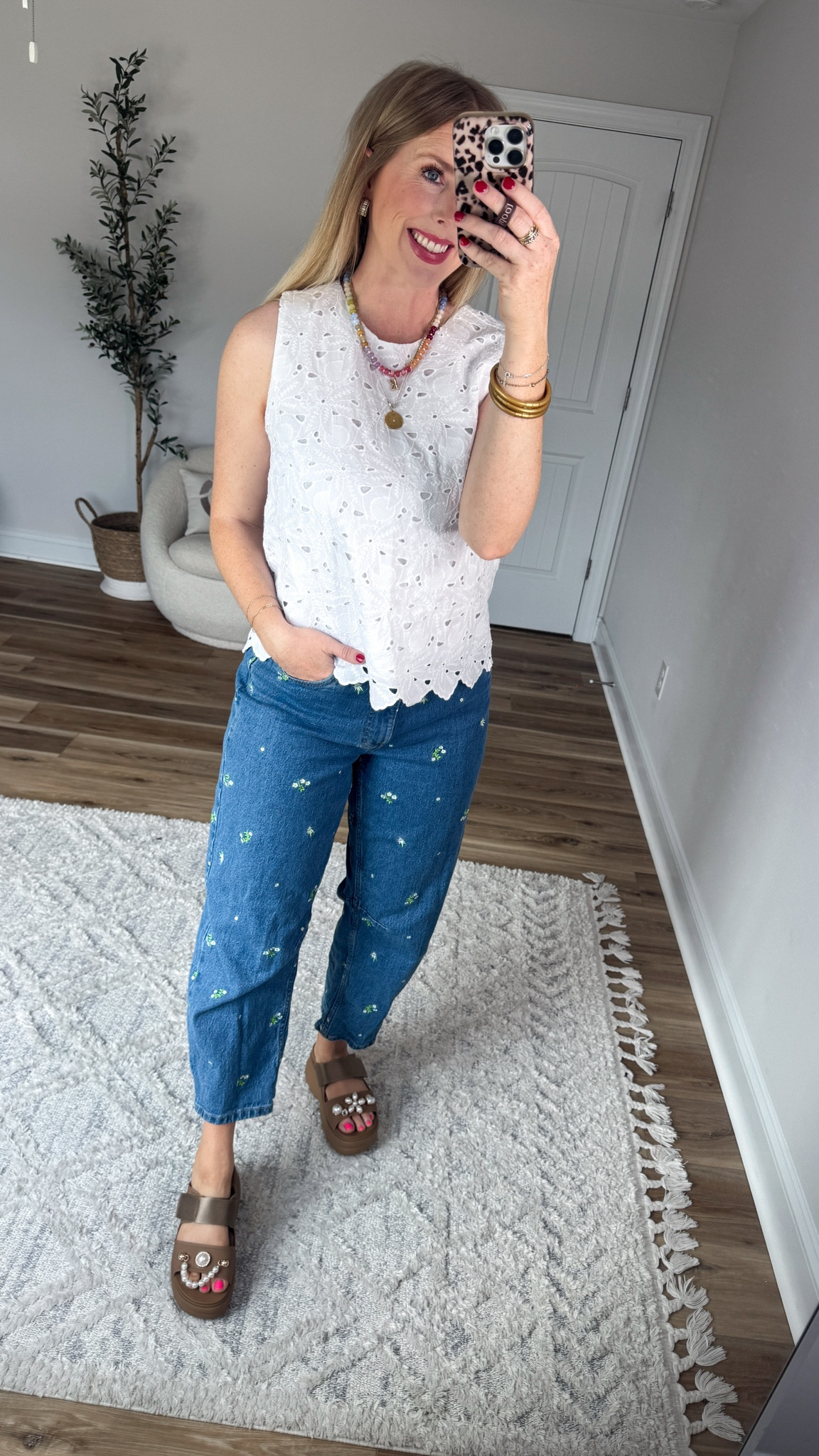 Daily try on, Walmart outfit, Walmart fashion, Walmart try on, time and tru, eyelet top, floral embroidered jeans 

#LTKootd #LTKmomlife