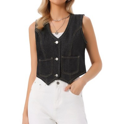 INSPIRE CHIC Women's V Neck Sleeveless Button Down with Pockets Denim Vest Small Black | Target