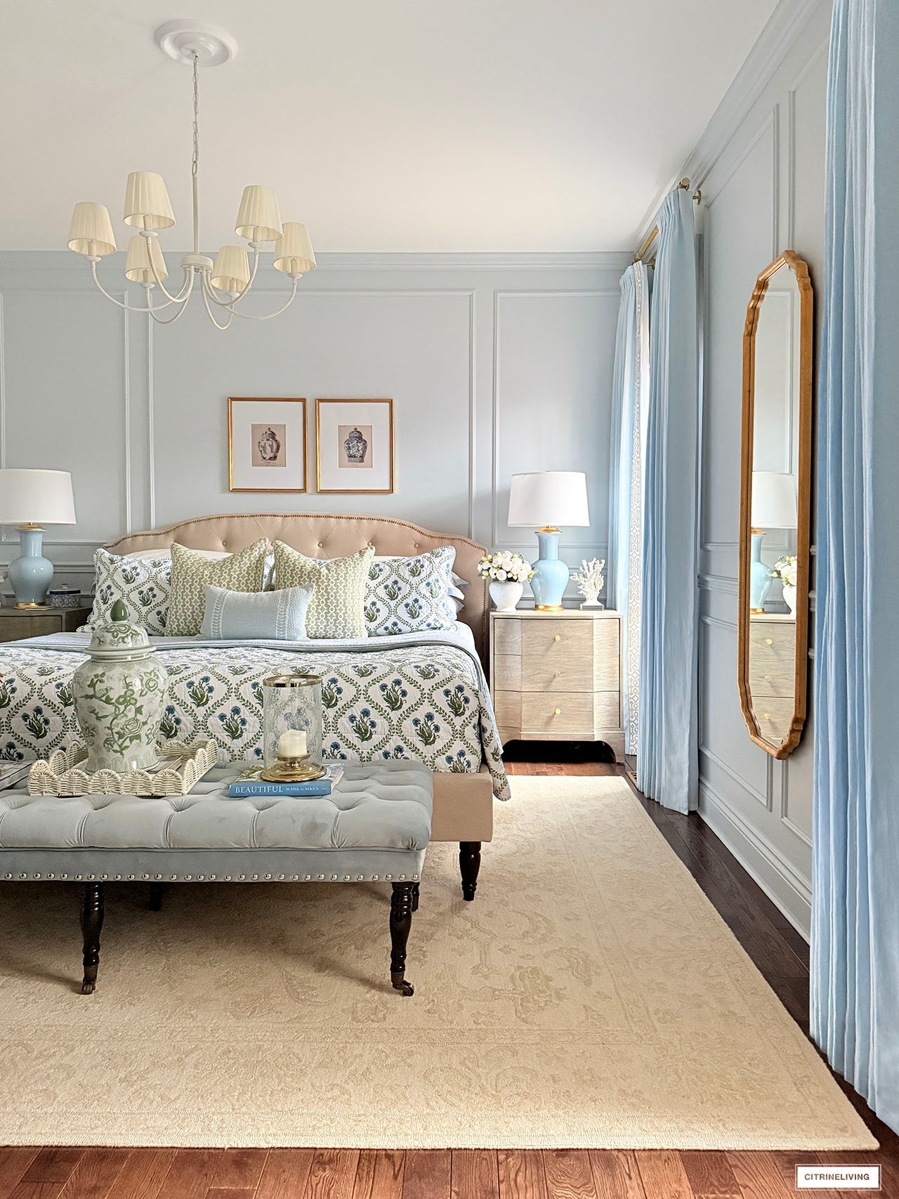 Chic bedding creates a whole new look! Love quilt set with its block print motif! Gorgeous light blue drapes add a light and airy look!

#LTKHome #LTKSeasonal