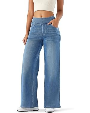 Women's High Rise Wide Leg Jeggings - Stretch Pull On Jeans-Style Pants, Soft Denim with Pockets | Amazon (US)
