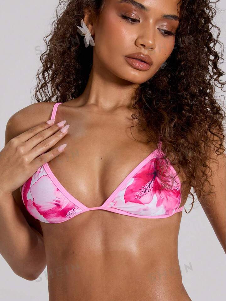 MUSERA Floral Print Contrast Triangle Bikini Top | SHEIN