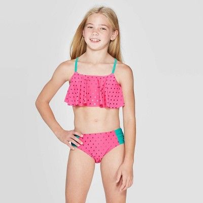 Girls' Ruffle Foil Watermelon Bikini Swimsuit Set - Cat & Jack™  Pink | Target