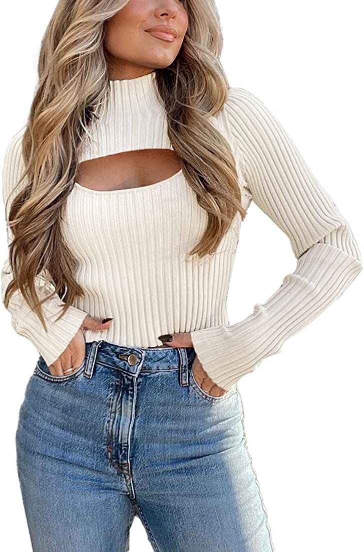PRETTYGARDEN Women's 2 Piece Cutout Tops Long Sleeve Mock Neck Rib Knit Fitted Pullover Sweater | Amazon (US)