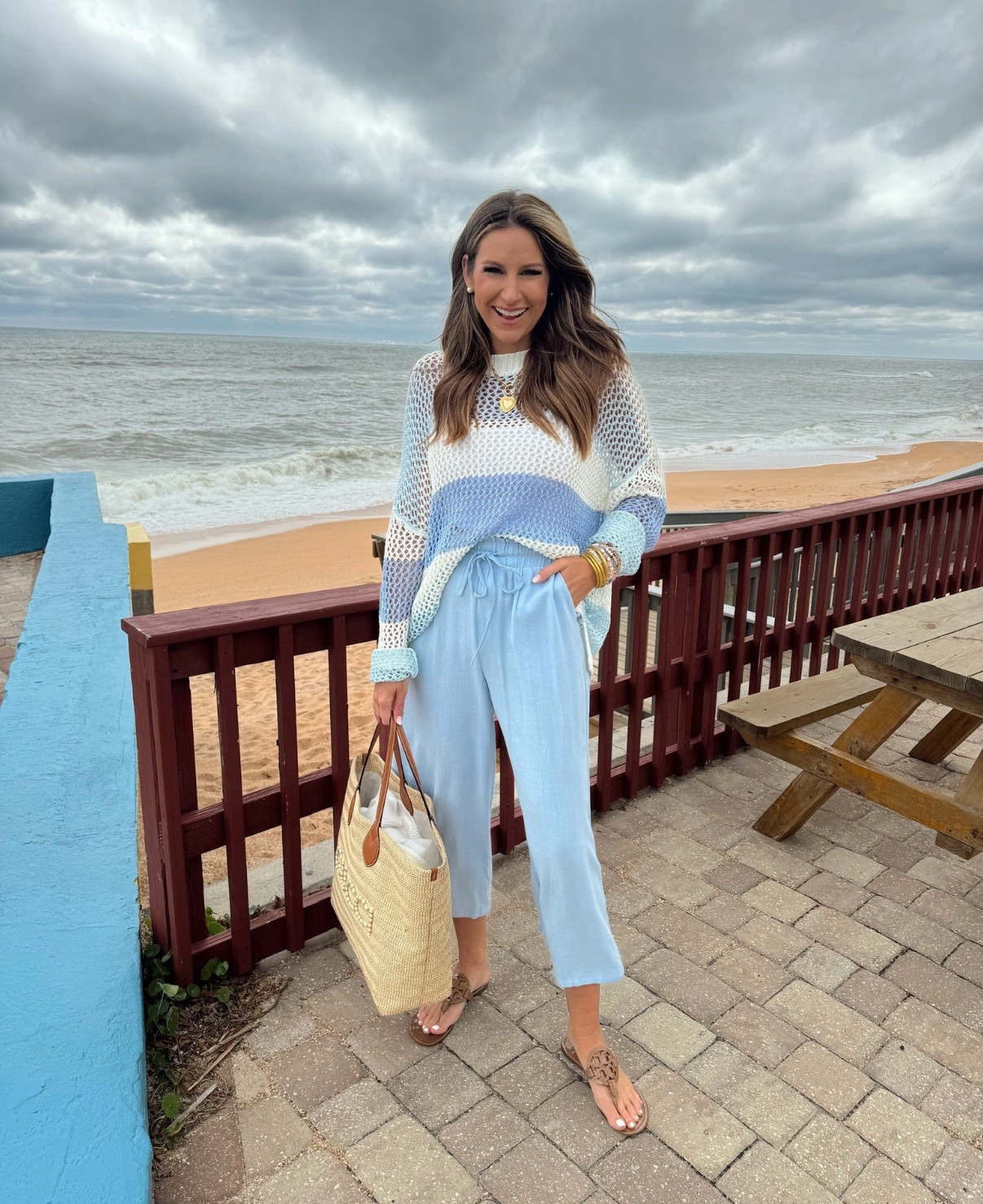 In a medium crochet long sleeve top, medium linen wide leg pants, medium white tank, sandals, bag and accessories for spring - all fits TTS.

#LTKSaleAlert #LTKFindsUnder50 #LTKStyleTip