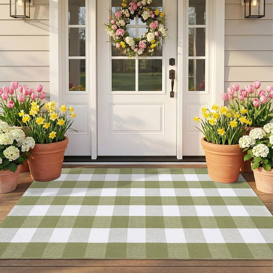 Spring Green and White Plaid Rug, 3' x 5' Cotton Blend Layered Doormat Rug for Front Door, Hand-W... | Amazon (US)