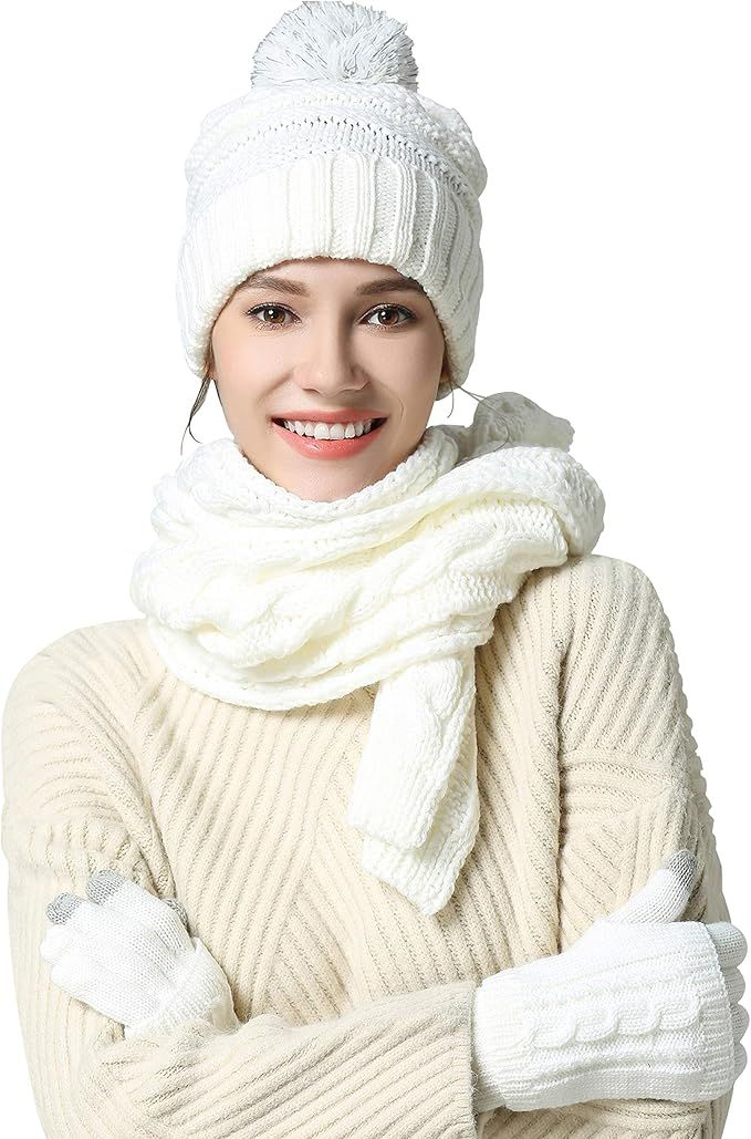 Scarf Hat Gloves Set Women - Pom Beanie Warm Thick Cable Knit Touch Screen Gloves Long Scarf 3pcs... | Amazon (US)