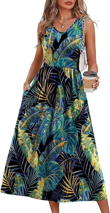 OFEEFAN Summer Dresses for Women 2026 Flowy Casual Midi Dress V Neck Beach Vacation Sundresses wi... | Amazon (US)