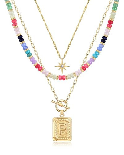 MJartoria Layered Initial Necklaces for Women Trendy, 14K Gold Plated Brass Simple Star Choker Square Letter Pendant Necklace, Colorful Beaded Necklaces Jewelry Gifts (P, Gold Plated) | Amazon (US)