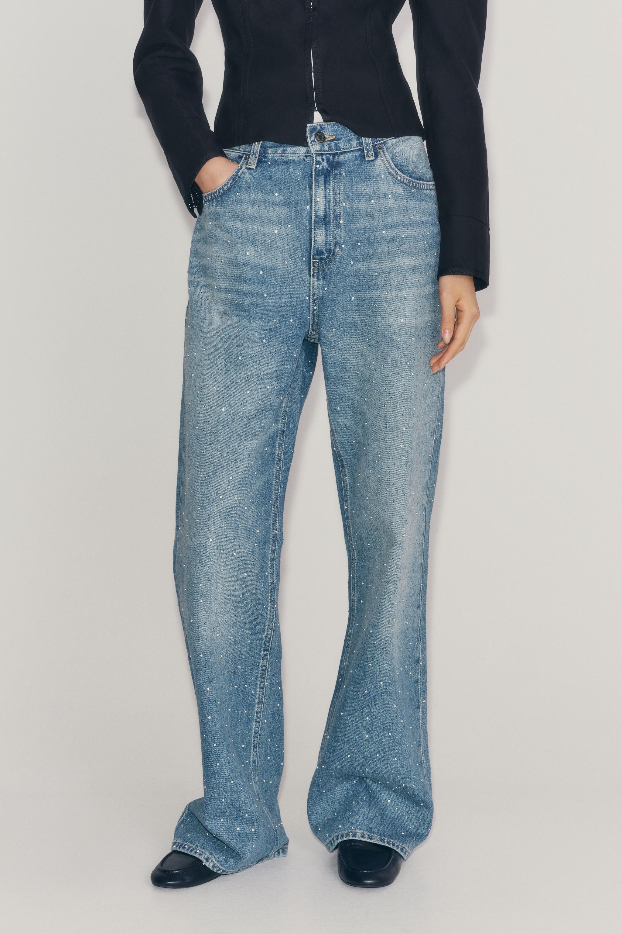 ZW COLLECTION MID-RISE WIDE LEG RHINESTONE JEANS | Zara US