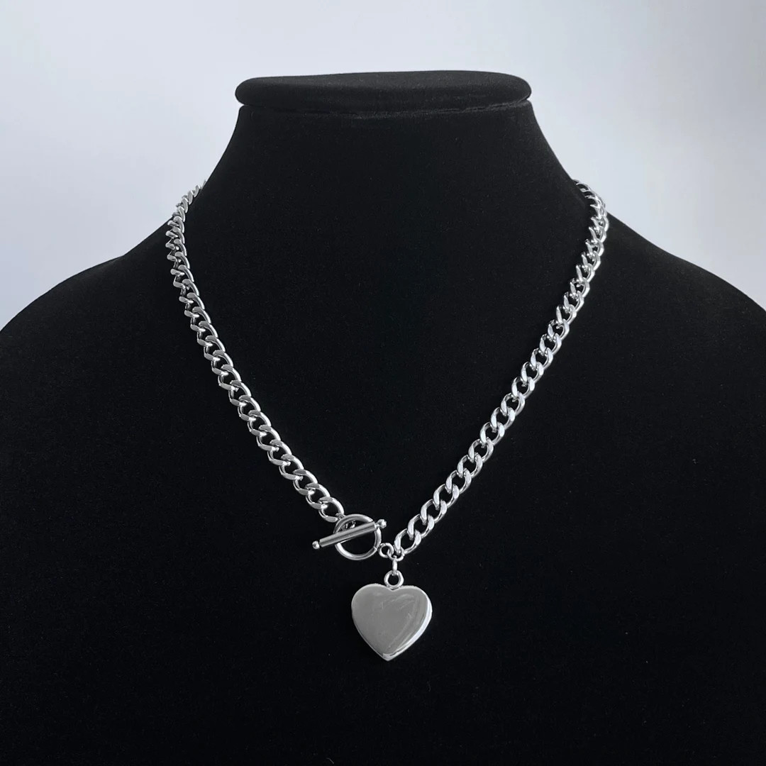 Solid Heart Pendant Toggle Cuban Link Chain Necklace Stainless Steel Silver Y2K Handmade Unisex M... | Etsy (US)