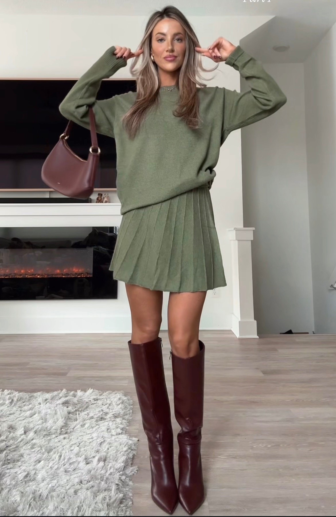 Green pleated skirt set 

Dark brown knee high boots 

#LTKSeasonal #LTKHoliday #LTKootd