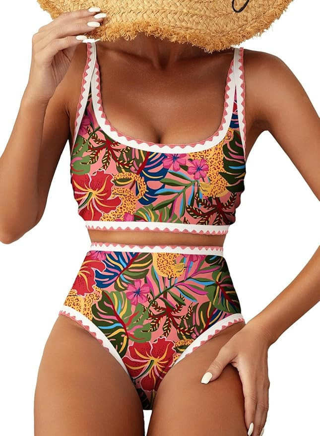 Women's Bikini Sets Floral Print Whip Stitch 2 Piece Swimsuits High Waisted Scoop Bathing Suits | Amazon (US)
