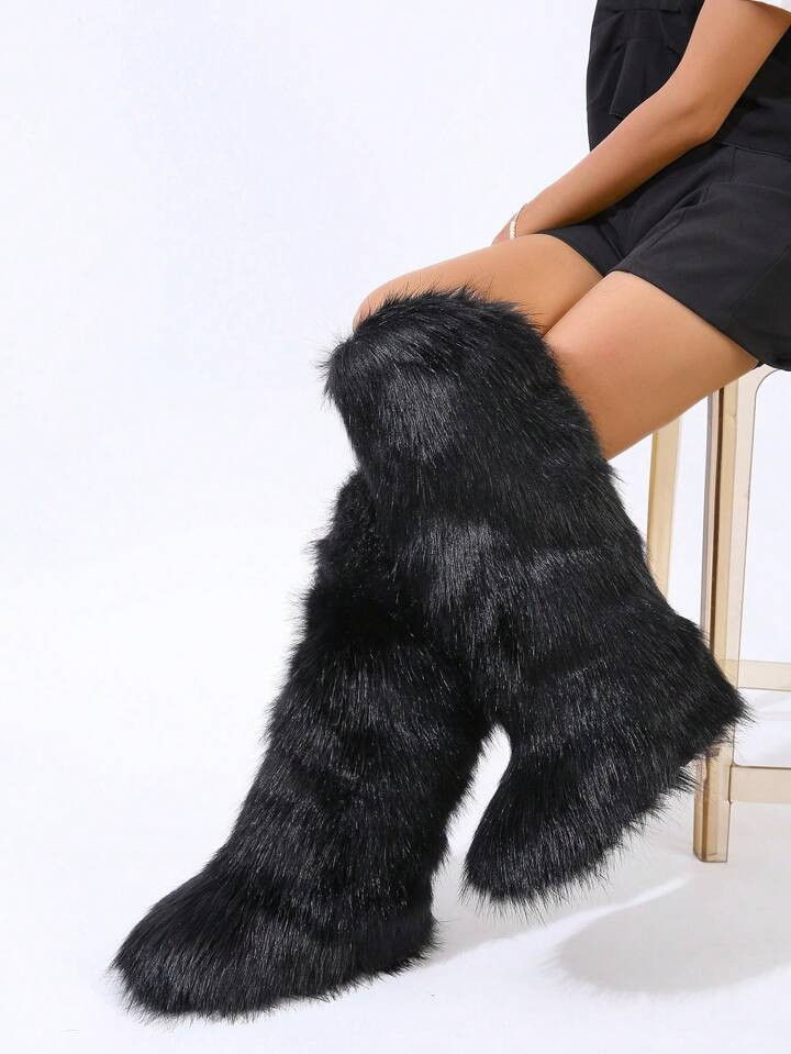 Women Winter Fur Boots, Faux Fox Fur Flat Snow Boots, Over-The-Knee Boots, Black Over-The-Knee Bo... | SHEIN