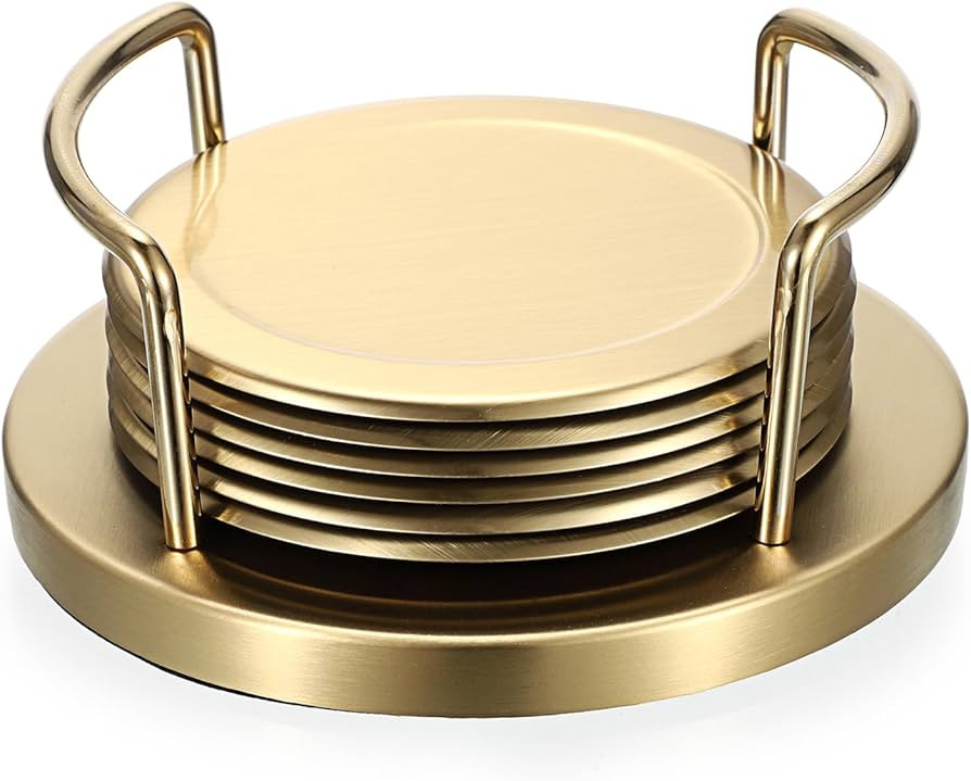 JUXYES Set of 6 Stainless Steel Round Coasters with Holder & Sponge Bottom, Golden Metal Cup Coas... | Amazon (US)