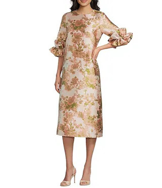 Bronwyn Floral Jacquard Crew Neckline 3/4 Ruffle Cuff Sleeve Shift Midi Dress | Dillard's